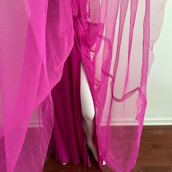 Maniju Magenta Formal Tulle Evening Gown Side Slit - Picture 10 of 12